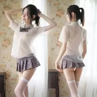 吉祥小炮情趣内衣激情套装性感jk制服诱惑露乳开裆式大码野外露出装SM女 灰格学生装[领结+透视衬衫+百褶裙+T裤+长筒
