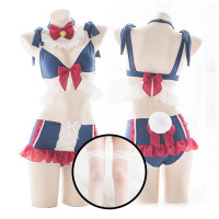吉祥小炮情趣内衣可爱女仆装猫女性感衣服激情制服诱惑cosplay套装超SM 红蓝拼色[无发箍]+白色过膝网袜 M