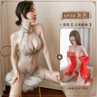 吉祥小炮性感透视旗袍情趣内衣激情套装透明jk制服SM诱感趣大码露乳开裆式 灰色[旗袍上衣+T裤]+7970红色古典婚纱[