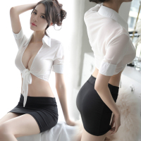 吉祥小炮情趣内衣服性感血滴子OL露乳激情套装SM制服诱惑透视装 秘书[白上衣+黑裙子]+黑丝袜 均码(85-115)