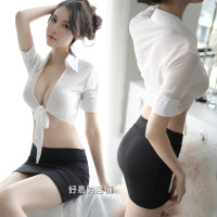 吉祥小炮情趣内衣性感血滴子露乳潮激情套装SM制服诱惑透视装 秘书[黑上衣+黑裙子]+黑网袜 均码(85-115)