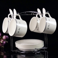 欧式陶瓷杯咖啡杯套装时尚高档金边创意4件套骨瓷杯碟勺带架子|一品银边