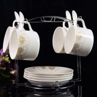 欧式陶瓷杯咖啡杯套装时尚高档金边创意4件套骨瓷杯碟勺带架子|金丝芙蓉黄