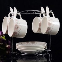 欧式陶瓷杯咖啡杯套装时尚高档金边创意4件套骨瓷杯碟勺带架子|金丝芙蓉粉