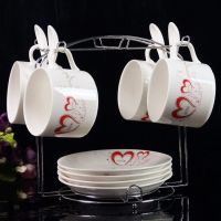 欧式陶瓷杯咖啡杯套装 高档金边创意4件套 骨瓷咖啡杯碟勺带架子|心心相印 4杯4碟4勺带架子+送2勺