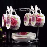 欧式陶瓷杯咖啡杯套装 高档金边创意4件套 骨瓷咖啡杯碟勺带架子|红紫玫瑰 4杯4碟4勺带架子+送2勺