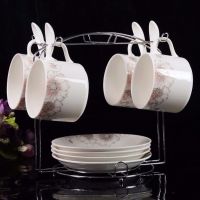 欧式陶瓷杯咖啡杯套装 高档金边创意4件套 骨瓷咖啡杯碟勺带架子|金丝芙蓉粉 4杯4碟4勺带架子+送2勺