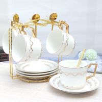 骨瓷咖啡杯套装欧式高档金边创意陶瓷杯带碟带勺茶杯茶具礼盒套具|万家灯火纯金4杯4碟4勺1架快递装