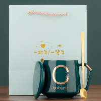 精致的咖啡杯欧式小奢华小杯子北欧ins风陶瓷马克杯套装带盖勺碟|百川字母杯+蓝色礼盒——C