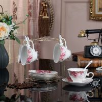 陶瓷咖啡杯套装 英式个性简约下午茶杯茶具家用带勺带碟送架|牡丹4杯碟送勺送架