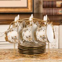 咖啡杯套装英式红茶杯陶瓷水杯子欧式茶具6件套家用办公室马克杯|金花6杯碟勺+架子