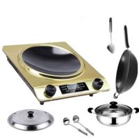 凹面电磁炉特价家用智能大功率防水凹型节能炉饭店用老人用|香槟金+汤锅+炒锅+锅盖 3500W