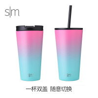 美国sim咖啡杯随手杯大容量随行杯不锈钢保温杯男女士双盖带吸管|粉绿色