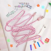 粉色格子少女心手机数据线充电线 苹果安卓爱心数据线快充