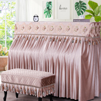 钢琴罩全罩米色蕾丝现代欧式高档简约琴罩防尘套加厚丝绒弹琴不取|花满园肉粉 琴长148-153cm通用+双人琴凳罩