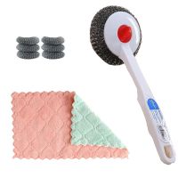 洗锅刷长柄锅刷子刷锅神器洗碗刷带柄钢丝球厨房清洁用刷煤气灶刷|1个锅刷+6个刷头+5张不沾油洗碗布