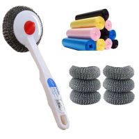 洗锅刷长柄锅刷子刷锅神器洗碗刷带柄钢丝球厨房清洁用刷煤气灶刷|1个锅刷+6个刷头+2卷垃圾袋