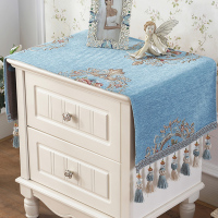 欧式床头柜盖巾棉麻电视柜布盖布防尘罩桌布|富安娜蓝色床头柜布(含彩色吊穗在内 45*120cm(含每边10cm吊穗)