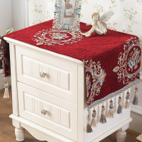 欧式床头柜盖巾棉麻电视柜布盖布防尘罩桌布|富安娜红色床头柜布(含彩色吊穗在内) 45*120cm(含每边10cm吊穗)