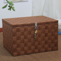 带锁收纳箱大号带盖藤编储物盒大学生宿舍零食筐书本整理信封相册|复古色钥匙锁 长40*宽30*高25厘米