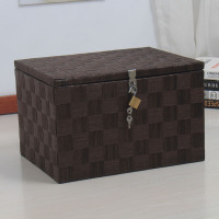 带锁收纳箱大号带盖藤编储物盒大学生宿舍零食筐书本整理信封相册|黑巧克力钥匙锁 长34*宽24*高20厘米