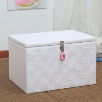 带锁收纳箱大号带盖藤编储物盒大学生宿舍零食筐书本整理信封相册|纯白色密码锁 长34*宽24*高20厘米