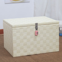 带锁收纳箱大号带盖藤编储物盒大学生宿舍零食筐书本整理信封相册|乳白色密码锁 长40*宽30*高25厘米