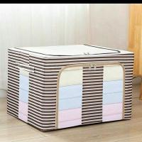 牛津布收纳箱钢架百纳箱衣物整理箱内裤储物箱有盖收纳盒收纳袋|咖啡条纹 66L