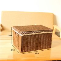 编织收纳箱大号有盖草编收纳筐带盖仿藤编储物箱编制篮衣柜衣服盒|咖啡色 大号：38*26*25cm