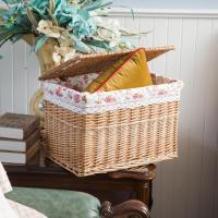 大号柳编藤编收纳筐收纳箱藤编筐收纳篮储物篮箱整理箱藤编|带盖原色+花布 中号