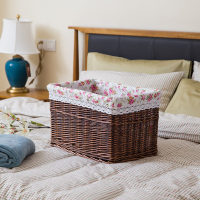 大号柳编藤编收纳筐收纳箱藤编筐收纳篮储物篮箱整理箱藤编|无盖咖啡色+花布 小号
