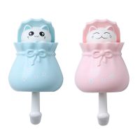 猫咪创意挂钩强力粘胶厨房可爱免打孔宿舍少女门口卡通钥匙扣粘钩|[2个装:1蓝+1粉]