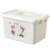 收纳箱塑料特大号装衣服零食玩具整理箱塑料家用有盖储物箱三件套|米色小熊印花 套装(60L+120L)两个装