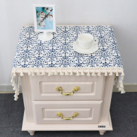 北欧床头柜盖巾棉麻电视柜布盖布防尘罩桌布布艺长方形鞋柜布格子|青花瓷盖布3面流苏花边 45*90CM