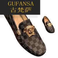 GUFANSA法国奢侈品牌 欧洲上流名士高端品牌美杜莎格子豆豆鞋男真皮软底2022年新款金属美人头开车皮鞋休闲鞋