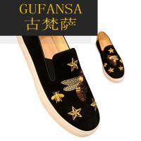 GUFANSA法国奢侈品牌 欧洲上流名士高端品牌2022新款酷奇小蜜蜂刺绣乐福鞋男鞋一脚蹬真皮休闲皮鞋透气懒人鞋