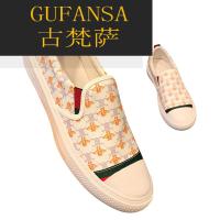 GUFANSA法国奢侈品牌 欧洲上流名士高端品牌2022新款酷奇小蜜蜂夏季一脚蹬男真皮软底豆豆鞋潮流休闲懒人皮鞋