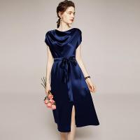 2020夏季新款女装堆堆领连肩袖纯色修身气质款醋酸连衣裙