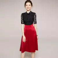 2020夏季新款女装蕾丝拼接三醋酸撞色修身气质款连衣裙