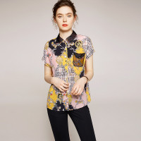 高端2020夏季优雅气质真丝印花翻领直筒型女式衬衫 图片色