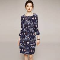2020夏季新款女装圆领七分袖印花真丝连衣裙藏蓝色