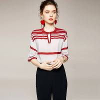 2020夏季新款女装气质圆领条纹印花直筒型真丝双绉女式衬衫