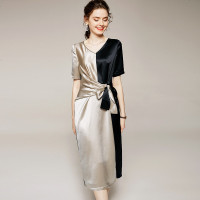 2020夏季跨境货源优雅气质女装拼贴醋酸短袖V领A字裙连衣裙黑色