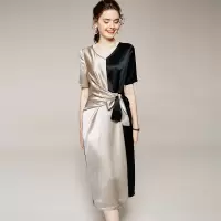 2020夏季跨境货源优雅气质女装拼贴醋酸短袖V领A字裙连衣裙黑色