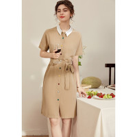 时尚2020夏季O气质女装拼贴醋酸短袖翻领A字裙连衣裙