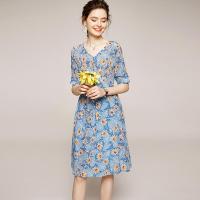 2020夏季优雅气质女装真丝V领A字裙连衣裙