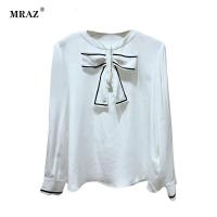 早秋新款桑蚕丝纯色衬衣女气质修身简约长袖蝴蝶结真丝女装上衣