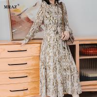 秋季新款桑蚕丝蛇纹印花长裙高腰气质修身显瘦长袖真丝连衣裙女