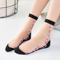 丝袜女防勾丝中筒绣花棉底水晶丝袜女防勾丝秋季