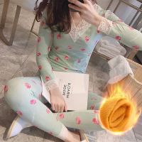 保暖内衣女士加绒薄款紧身韩版v领蕾丝性感秋冬打底秋衣裤套装